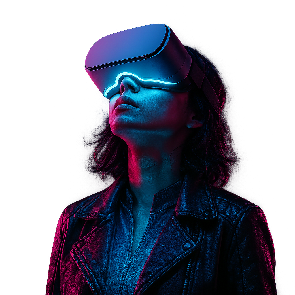 Mulher olhando para o alto com óculos de realidade virtual